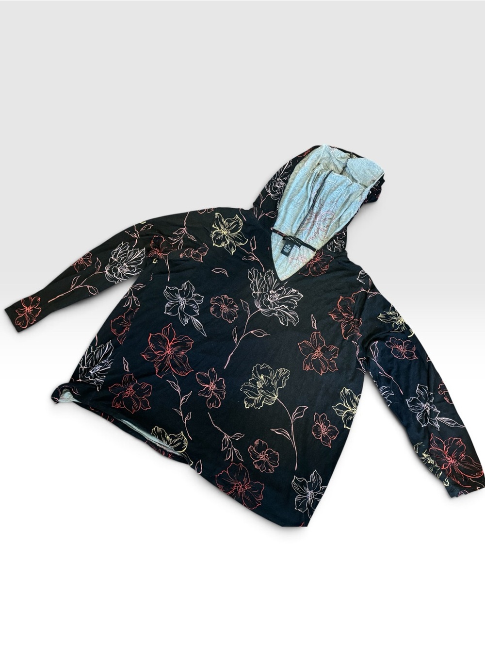 Joan Vass Black Floral Hooded Pullover with Multicolor Outlines
